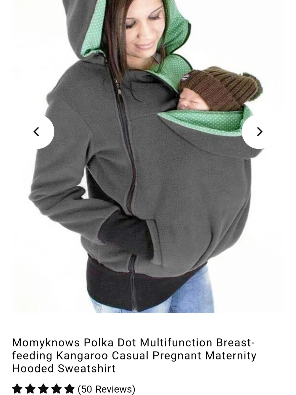 Gray Maternity Babywearing Hoodie with Green Polka Dot Lining